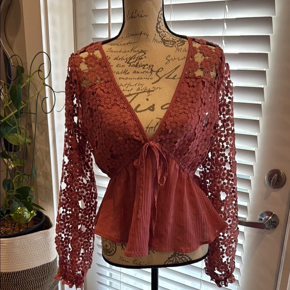 Elegant Lace Tie-Front Top in Rust - Picture 1 of 7